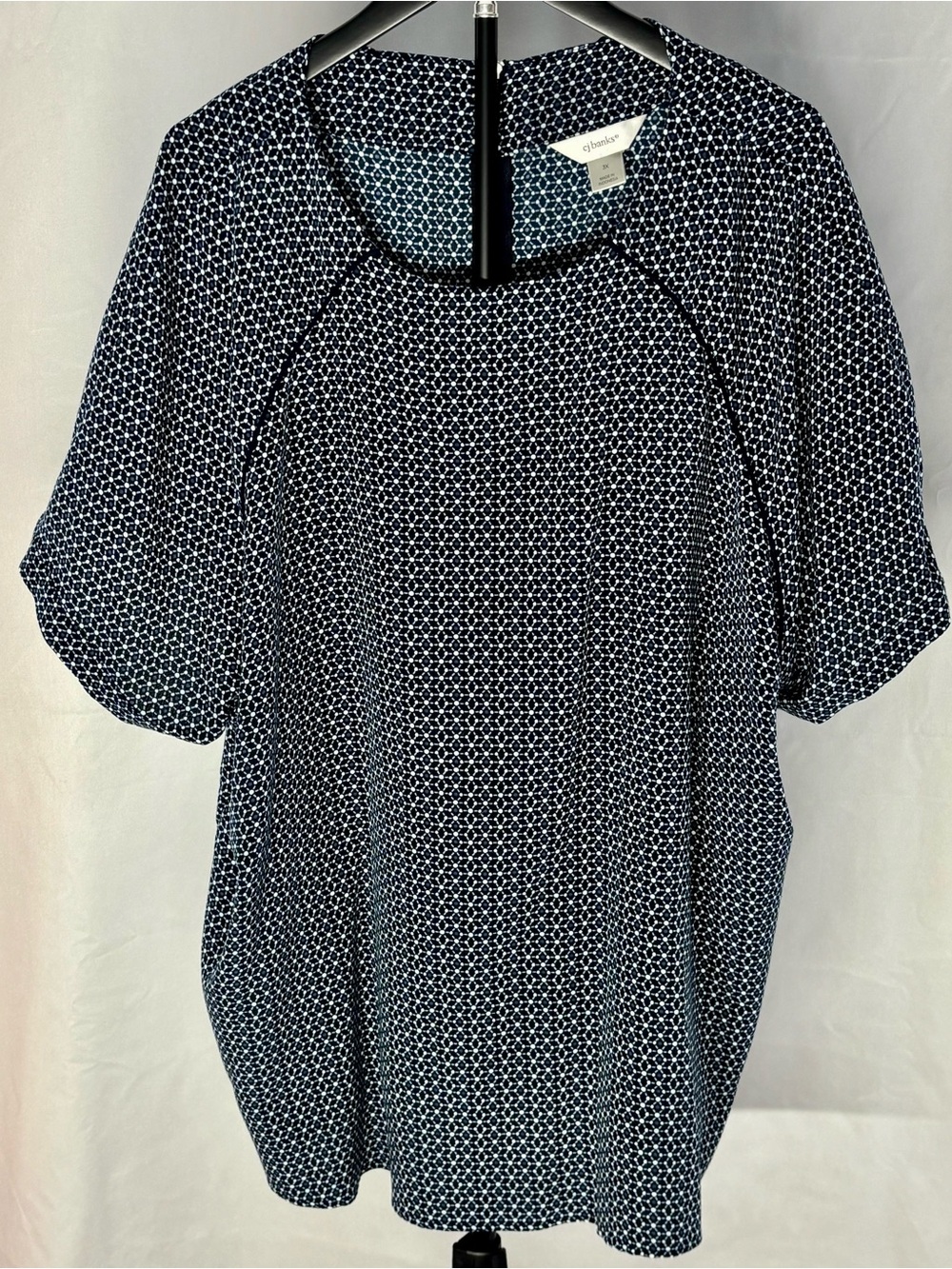 CJ Banks Navy and White Geometric Short Sleeve Blouse Plus Size